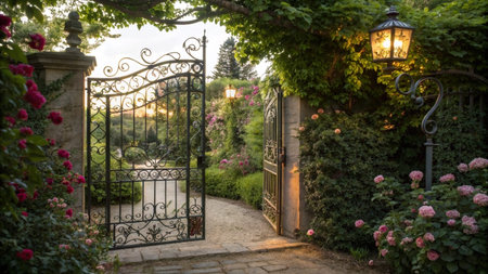 Beautiful wrought iron gate in the garden at sunset, France.