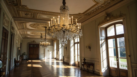 Luxury interior of an old palace with a large chandelierの写真素材