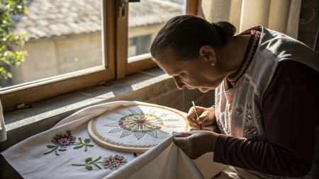 Young woman working with embroidery on a window sill at homeの写真素材