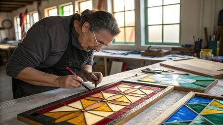 Portrait of a craftsman working on a stained glass window in his workshop