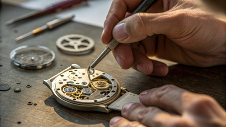 Watchmaker repairing the mechanical watches in his workshop, close-up