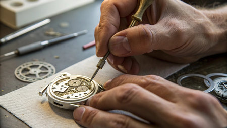 Watchmaker repairing a mechanical watches in his workshop, close-up