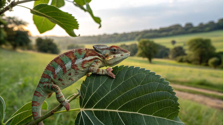 Chameleon on a leaf in the wild, Chamaeleo calyptratusの写真素材