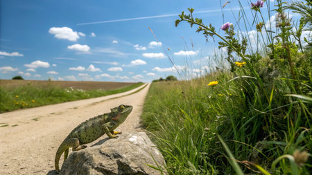 A chameleon sits on a rock in the middle of a country road.