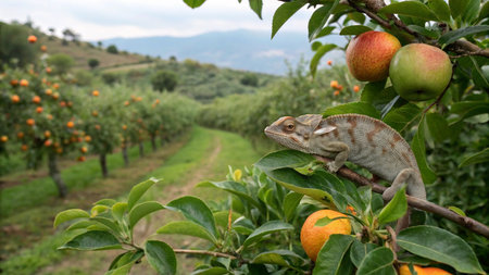 Chameleon on a branch of an apple tree in Sicily, Italyの写真素材