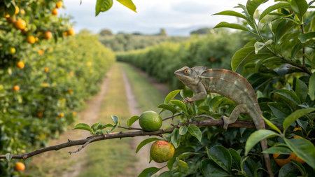 Chameleon on orange tree in Orchard. Madagascar.の写真素材