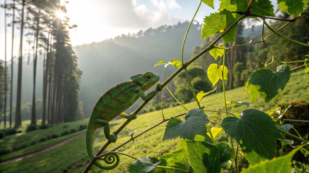 Chameleon on the tree in the forest at sunset time.の写真素材