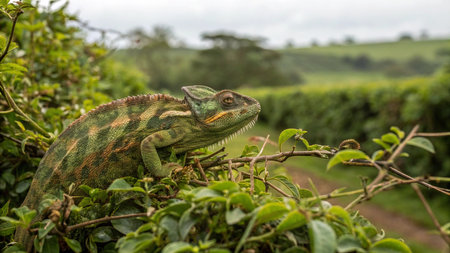 Chameleon on a bush in the rainforest of Masai Mara Kenyaの写真素材