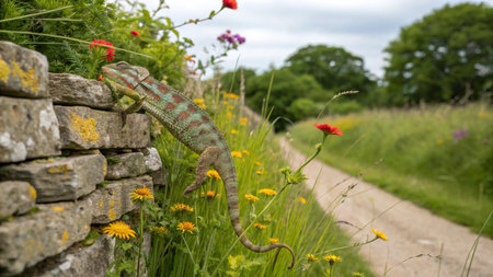 Chameleon on a stone wall in a field with flowers.の写真素材