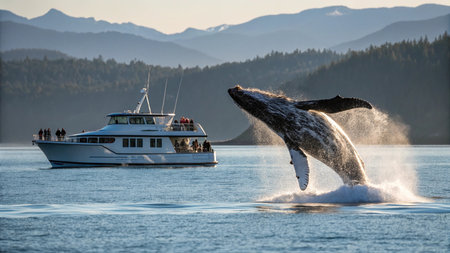Humpback whale jumps out of the water in Alaska, USAの写真素材