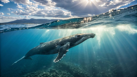 Humpback whale swimming in the ocean. Underwater photography.の写真素材