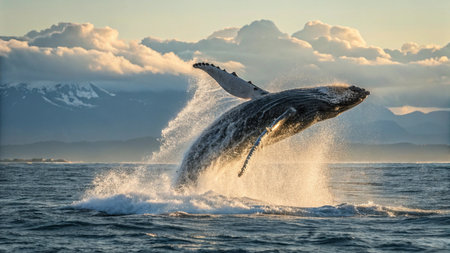 Humpback whale splashing out of the water at sunset.