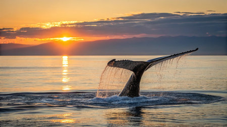 Humpback whale tail splashing out of the water during sunsetの写真素材