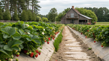 Rows of fresh strawberries growing in a garden on a farm.の写真素材