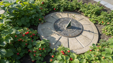 Strawberry garden with sundial in the form of a clockの写真素材