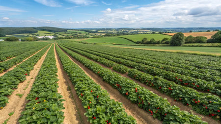 Aerial view of a strawberry field in summer, South Downs, UK