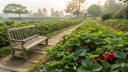 Strawberry field with bench in the morning light, Chiang Mai, Thailandの写真素材