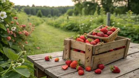 Strawberries in a wooden box on a wooden table in the gardenの写真素材