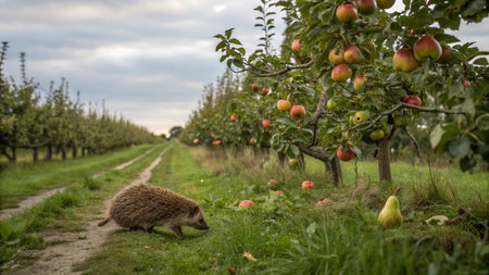 Hedgehog in an apple orchard in autumn, UK.の写真素材