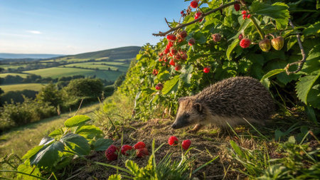 Hedgehog in the meadow with red berries.の写真素材