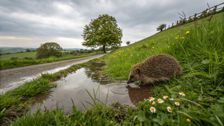 Hedgehog in a puddle on a country road in Englandの写真素材