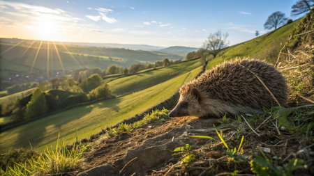 hedgehog on a hillside in the English countryside at sunsetの写真素材