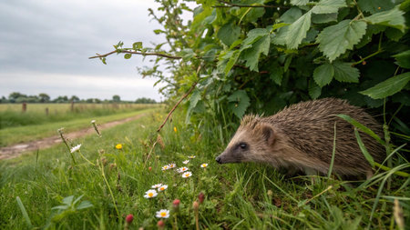 Hedgehog in the meadow with daisies in the backgroundの写真素材