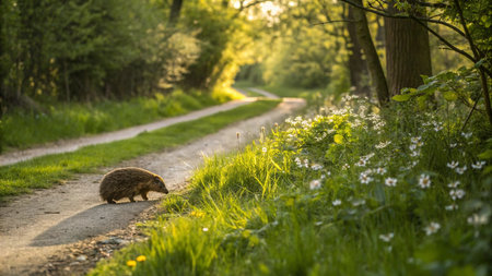 Hedgehog on a country road in the Netherlands in the eveningの写真素材