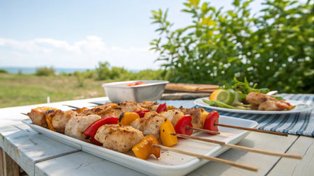 Grilled meat on skewers on a wooden table against the seaの写真素材