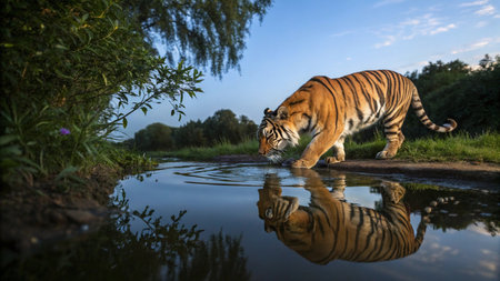 Siberian Tiger (Panthera tigris altaica) drinking waterの写真素材