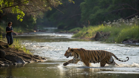 Tiger drinking water in the Okavango Delta - Moremi National Park in Botswanaの写真素材