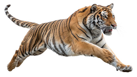 Siberian Tiger jumping isolated on white background with clipping path.の写真素材