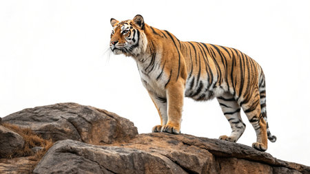 Siberian Tiger standing on the rock isolated on white background.の写真素材