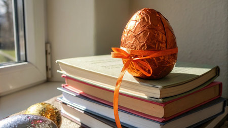 Easter egg with orange ribbon on a stack of old books.の写真素材