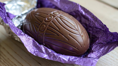 Chocolate easter eggs in a box on a wooden background.