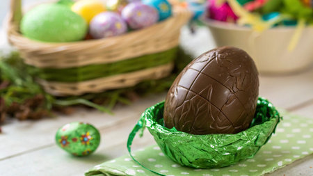 Easter egg wrapped in pink foil on a white plate with a fork