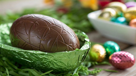 Easter chocolate eggs in green wrapping paper on a wooden background.