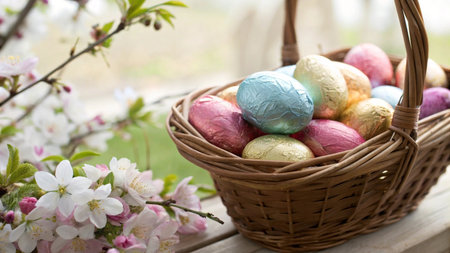 Colorful chocolate easter eggs in a bowl on white marble background
