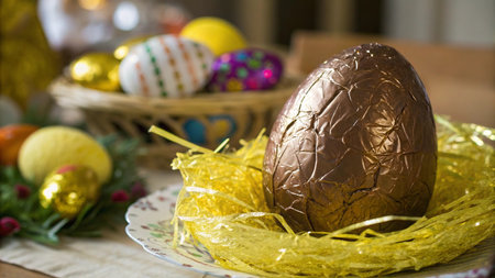 Easter eggs in golden foil on a wooden background. Selective focus.