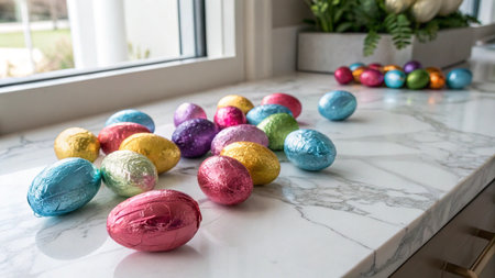 Colorful chocolate easter eggs on white marble table in living room