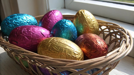 Colorful easter eggs in a basket on the windowsill.