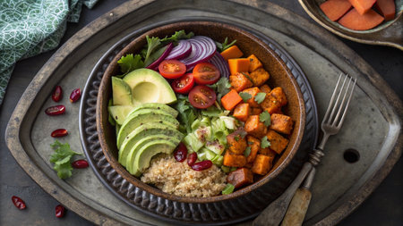 Healthy Buddha bowl with quinoa, avocado, pumpkin, red onion and pomegranate seeds