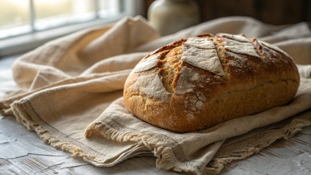 Freshly baked bread on a linen napkin. Rustic style.