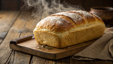Freshly baked loaf of bread on a rustic wooden table.