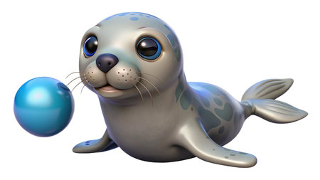 Cartoon seal with a ball in its mouth looking at the cameraの写真素材