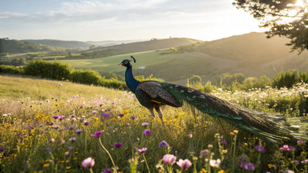 Peacock in a field of flowers at sunset, Tuscany, Italyの写真素材