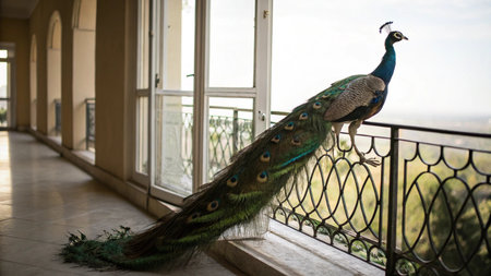 Peacock on the balcony of a hotel with a view of the cityの写真素材