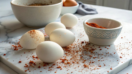 Ingredients for baking. Eggs, flour and spices on a white marble table.