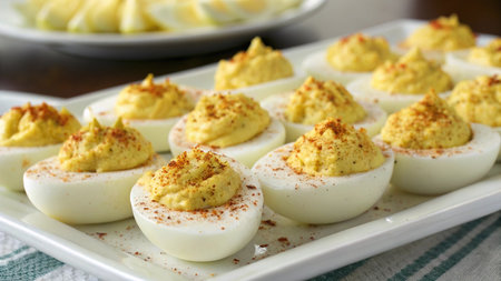 Stuffed deviled eggs with paprika on a white plate.
