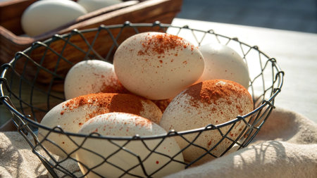 White eggs in a basket on the table. Selective focus.